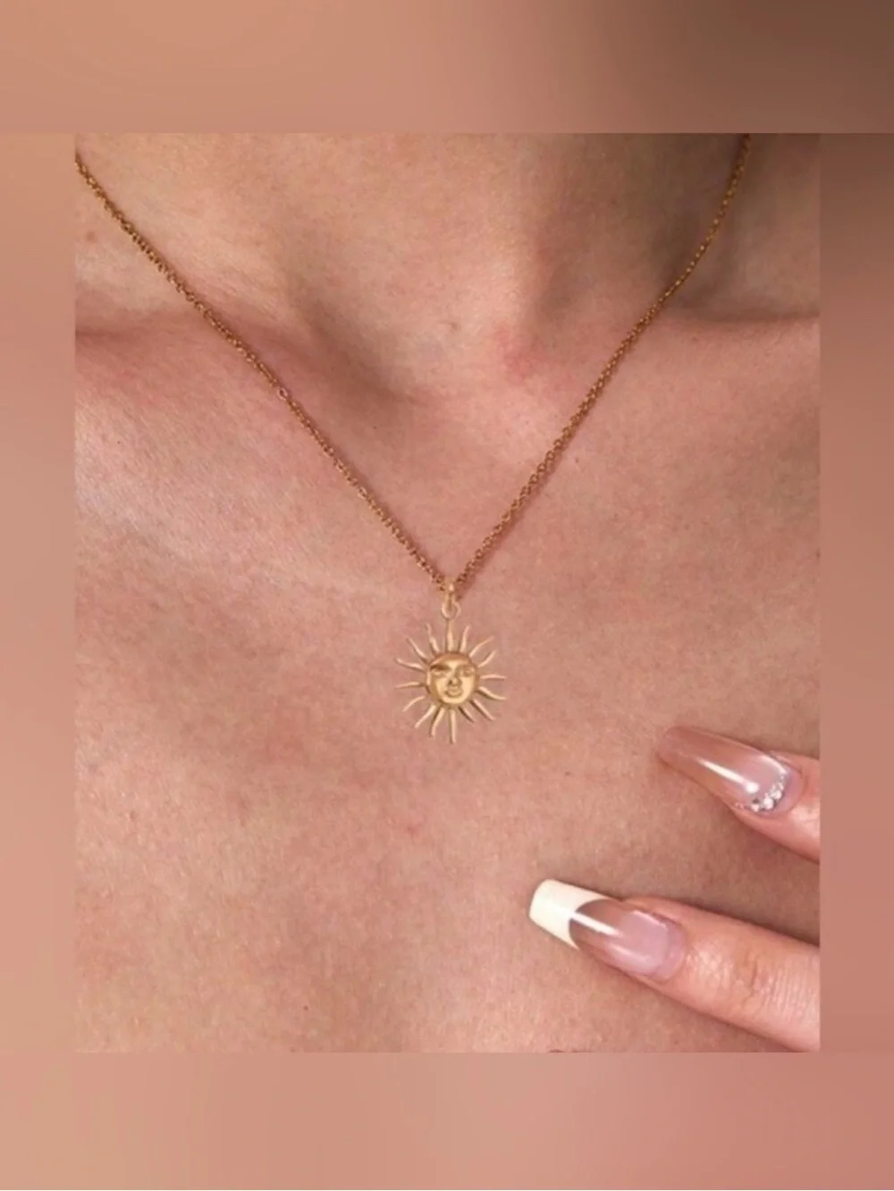 Gold Plated Stainless Steel Sun Face Pendant Necklace